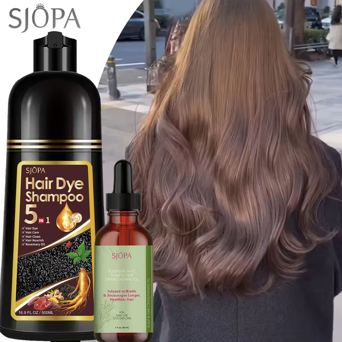 Rosemary Oil Hair Coloring Shampoo 5-in-1 Herbal Formula 500ml - 100% Gray Coverage for Bath Time, Home Spa and Personal Care