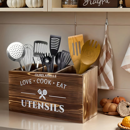 Wooden Cutlery Storage Box with Grid Compartments Chopstick Organizer Rack with Metal for Home Cooking, Dining and Outdoor Meals