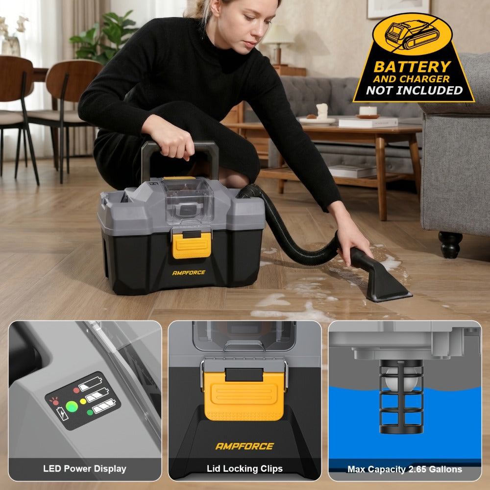 Cordless Wet Dry Vacuum 20V 2 Gallon - Powerful Suction Compatible with DeWalt 20V Batteries Long Hose 4 Nozzles Replacement Cartridge