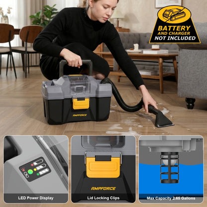 Cordless Wet Dry Vacuum 20V 2 Gallon - Powerful Suction Compatible with DeWalt 20V Batteries Long Hose 4 Nozzles Replacement Cartridge