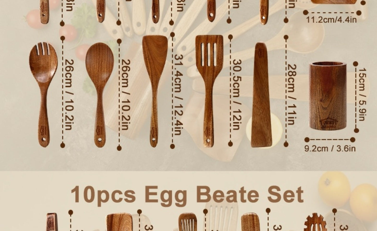 Kitchen Utensils 10-Piece Teak Wood Spoon and Spatula Set with Thickened, Basic and Shovel Configurations