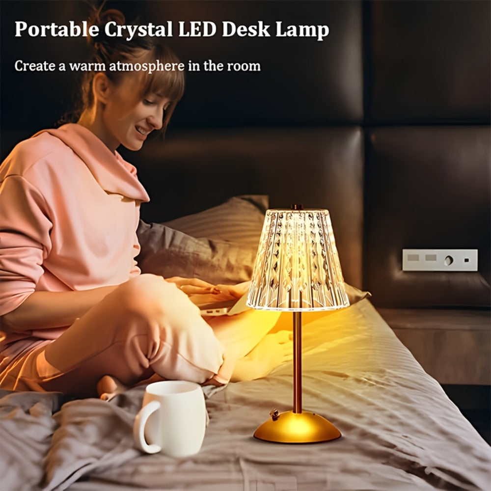 Crystal Atmosphere Lamp Portable, 3-Color Adjustable Touch LED Table Light with Retro Golden Design for Home