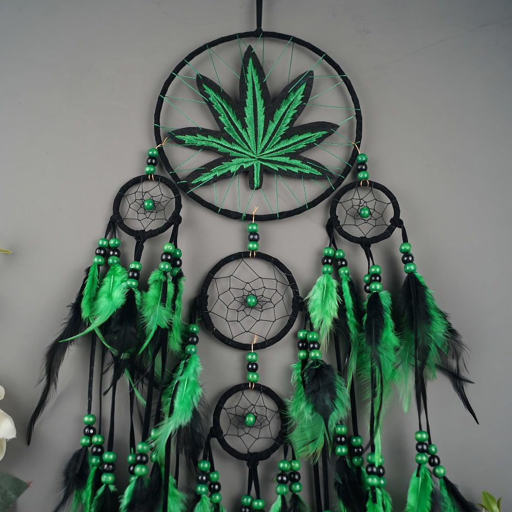 Bohemian Dream Catcher with Feathers & Leaf Embroidery, Boho Wall Hanging Decor for Bedroom, Bedside
