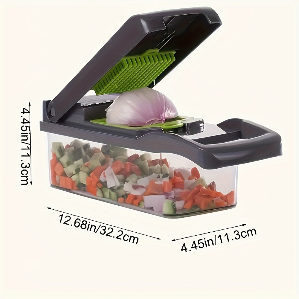 16-in-1 Vegetable Chopper Set with 8 Interchangeable Blades, Manual Food Chopper with Container, Peeler & Filter for Onion
