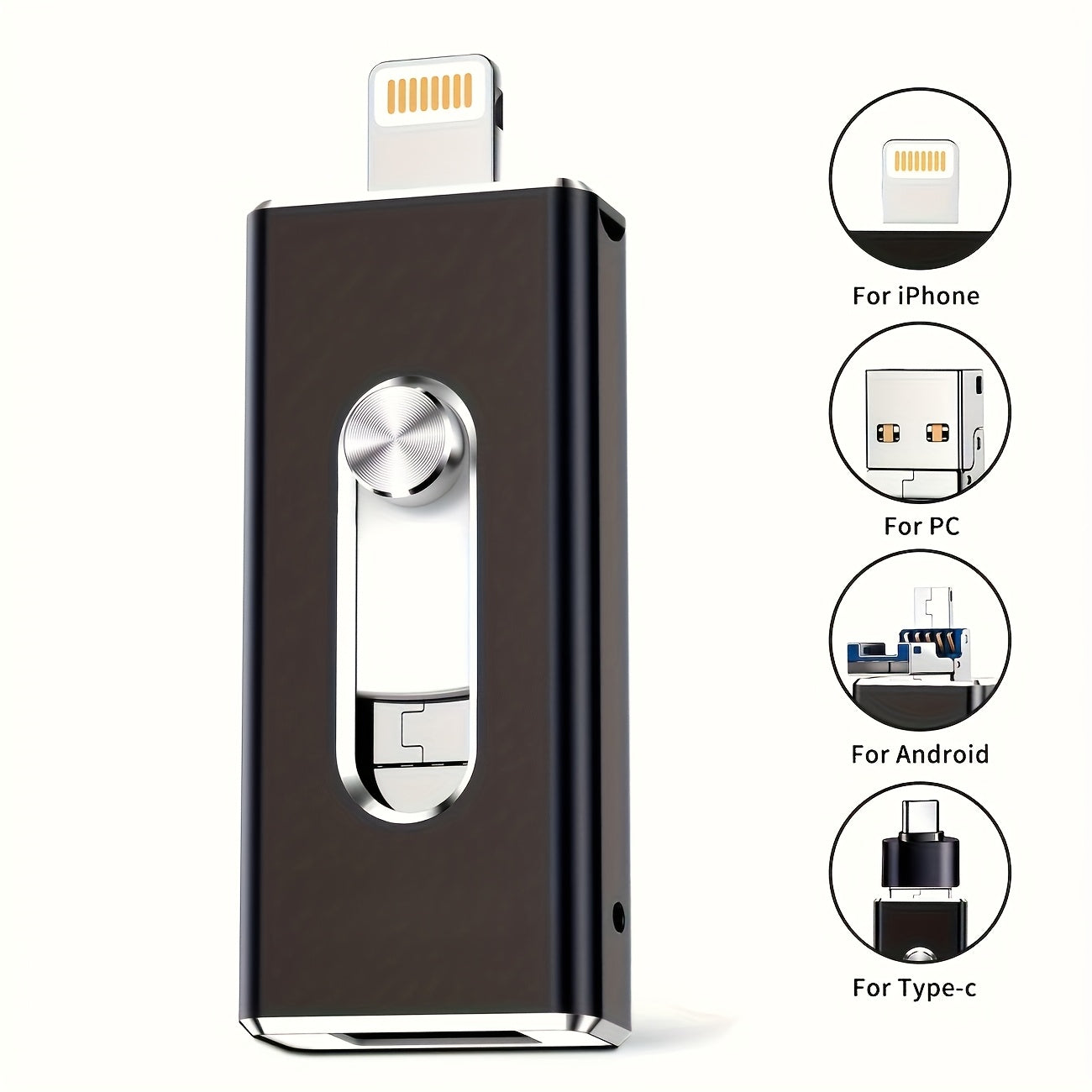 USB Flash Drive 64GB Compact Aluminum-Alloy Four-Connector Memory Stick in Black or Gold Color Options