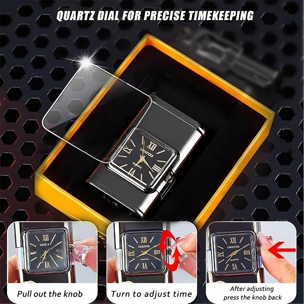 Double Flame Windproof Lighter Creative Retro Metal Lighter Dragon Eagle Gun Shape Quartz Dial Portable Outdoor Lighter Men Gift Box Butane