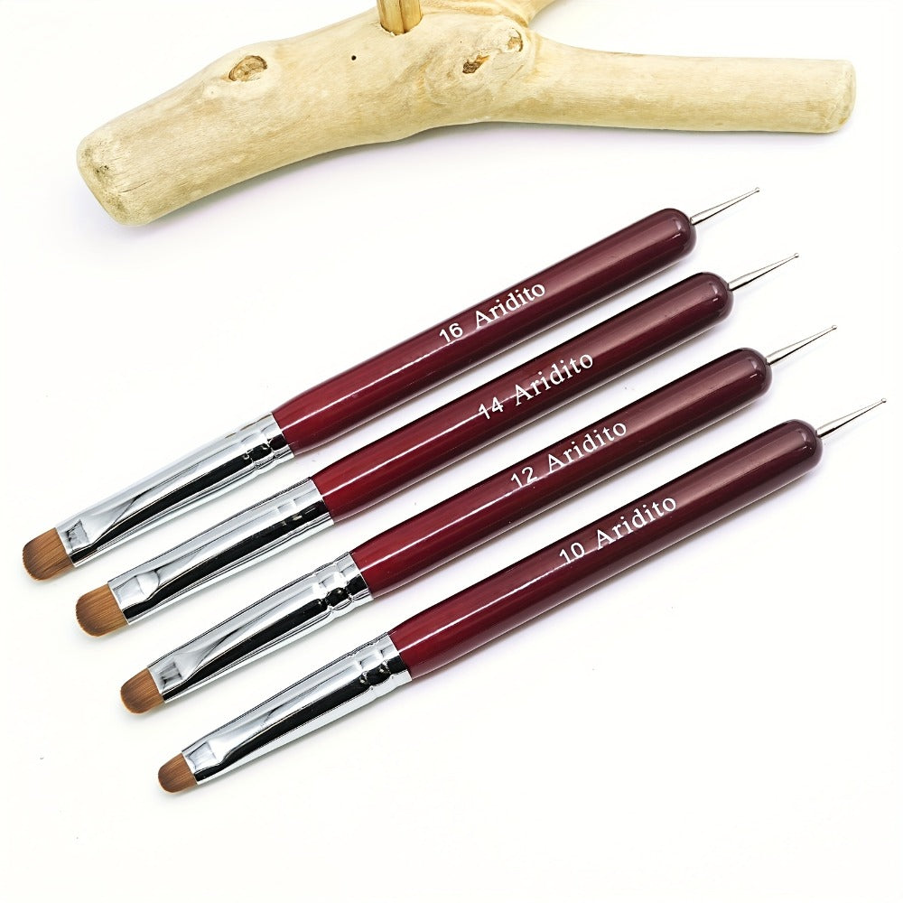 Acrylic Nail Art Brushes Set 4pcs with Dotting Pens – Red Wood Handle Precision Tips #10 #12 #14 #16 for French Manicure Nail Sculpting
