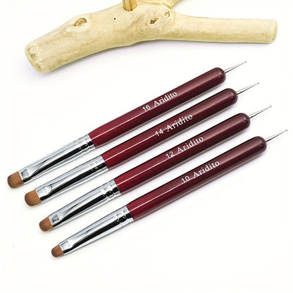 Acrylic Nail Art Brushes Set 4pcs with Dotting Pens – Red Wood Handle Precision Tips #10 #12 #14 #16 for French Manicure Nail Sculpting