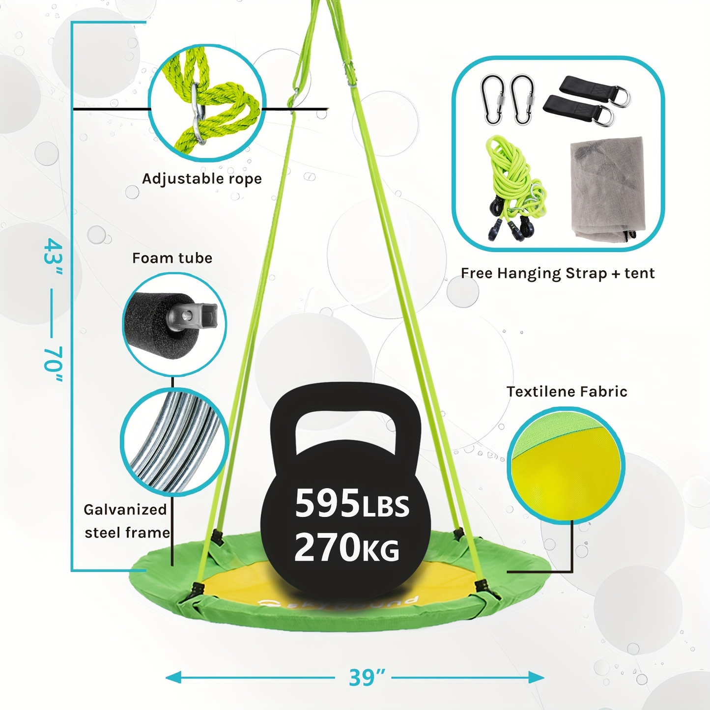 Flying Saucer Tree Swing 39"-43" – Textilene Fabric, UV & Tear Resistant, 360° Rotating with Adjustable Rope