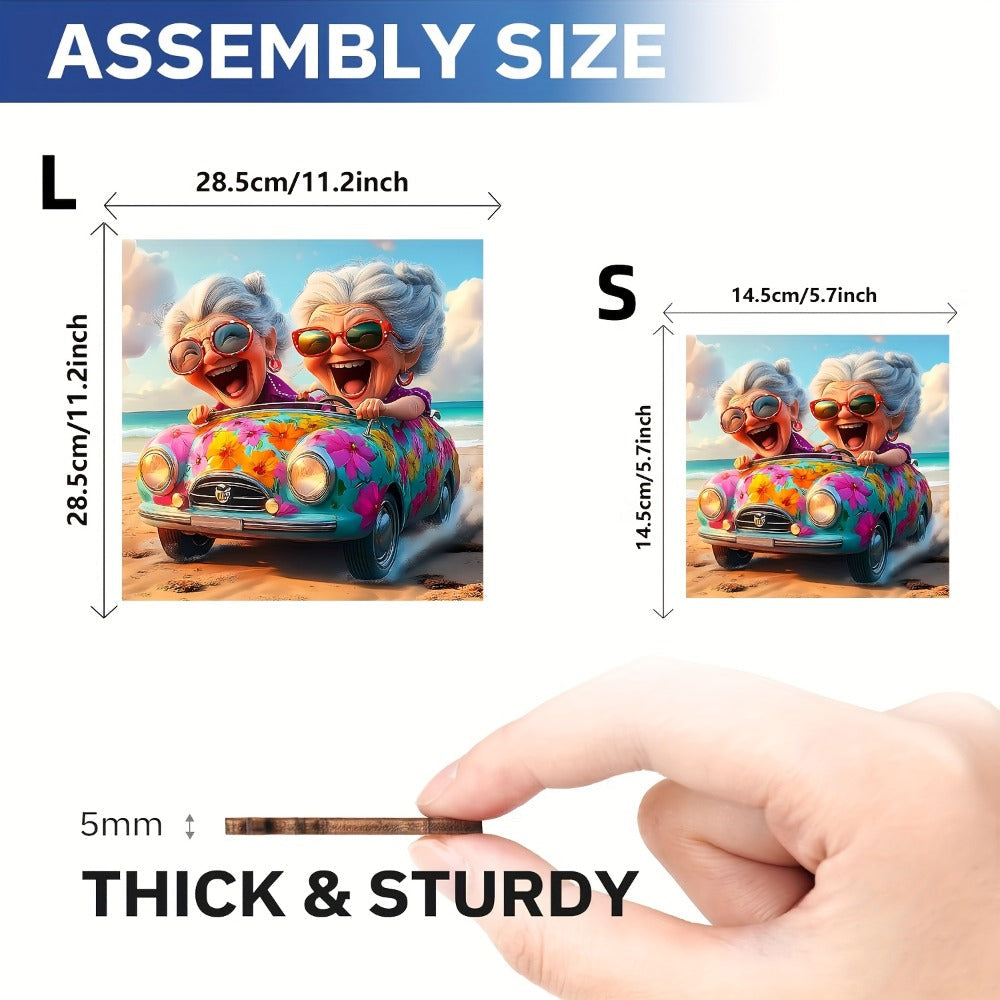Happy Old Lady Wooden Jigsaw Puzzle with Irregular Pieces and 5.7 or 11.2 Inch Checkout Size Options