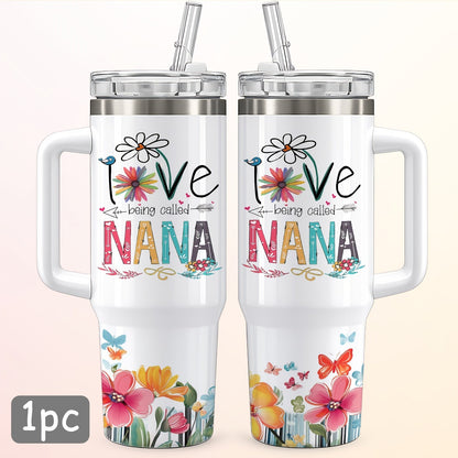 Floral Nana Graphic Stainless Steel Tumbler with Lid and Straw in White 16oz or 40oz Options