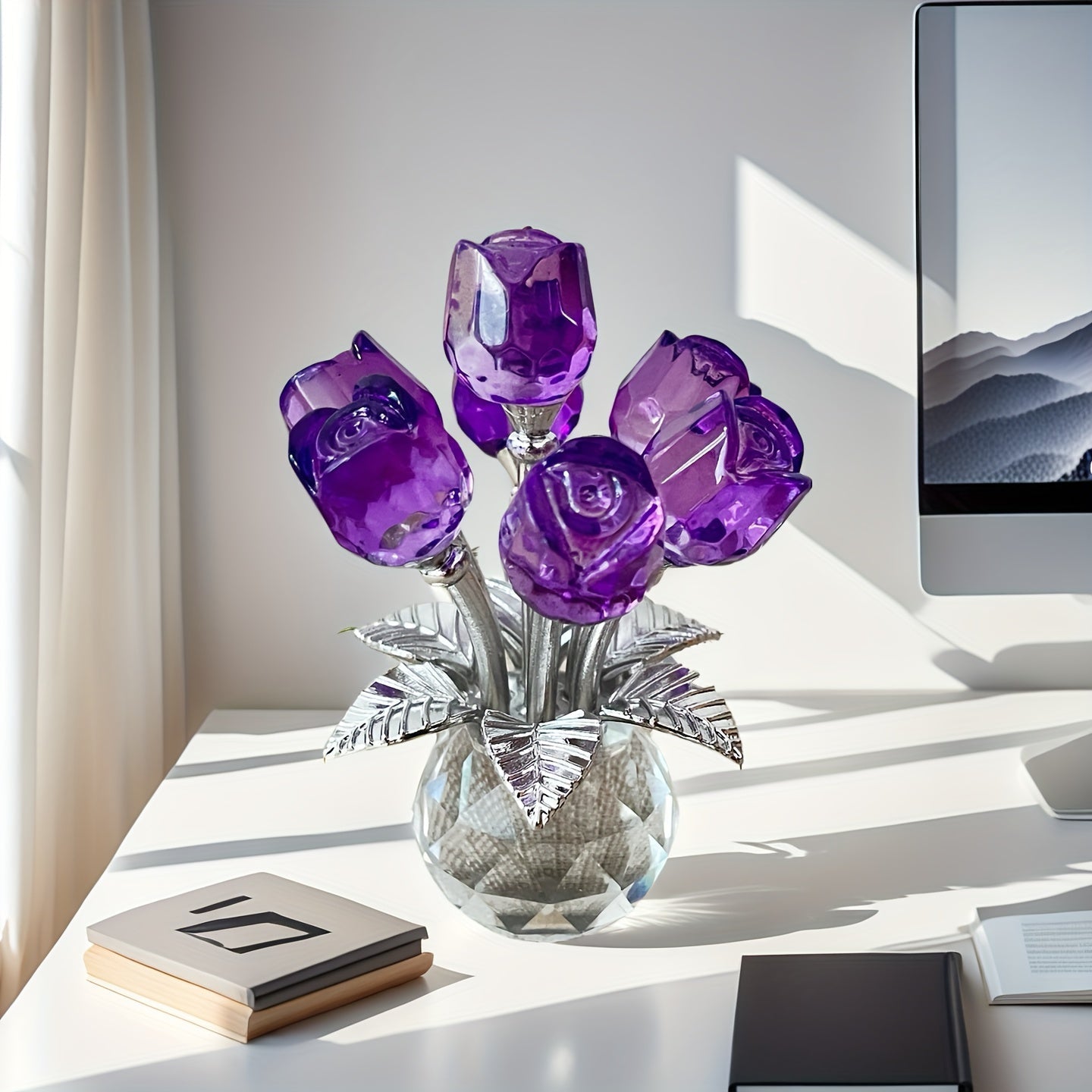 Glass Rose Sculpture Floral Home Decor – Sparkling Leaves Art Figurine for Bedroom, Living Room, Valentine's Day Gift