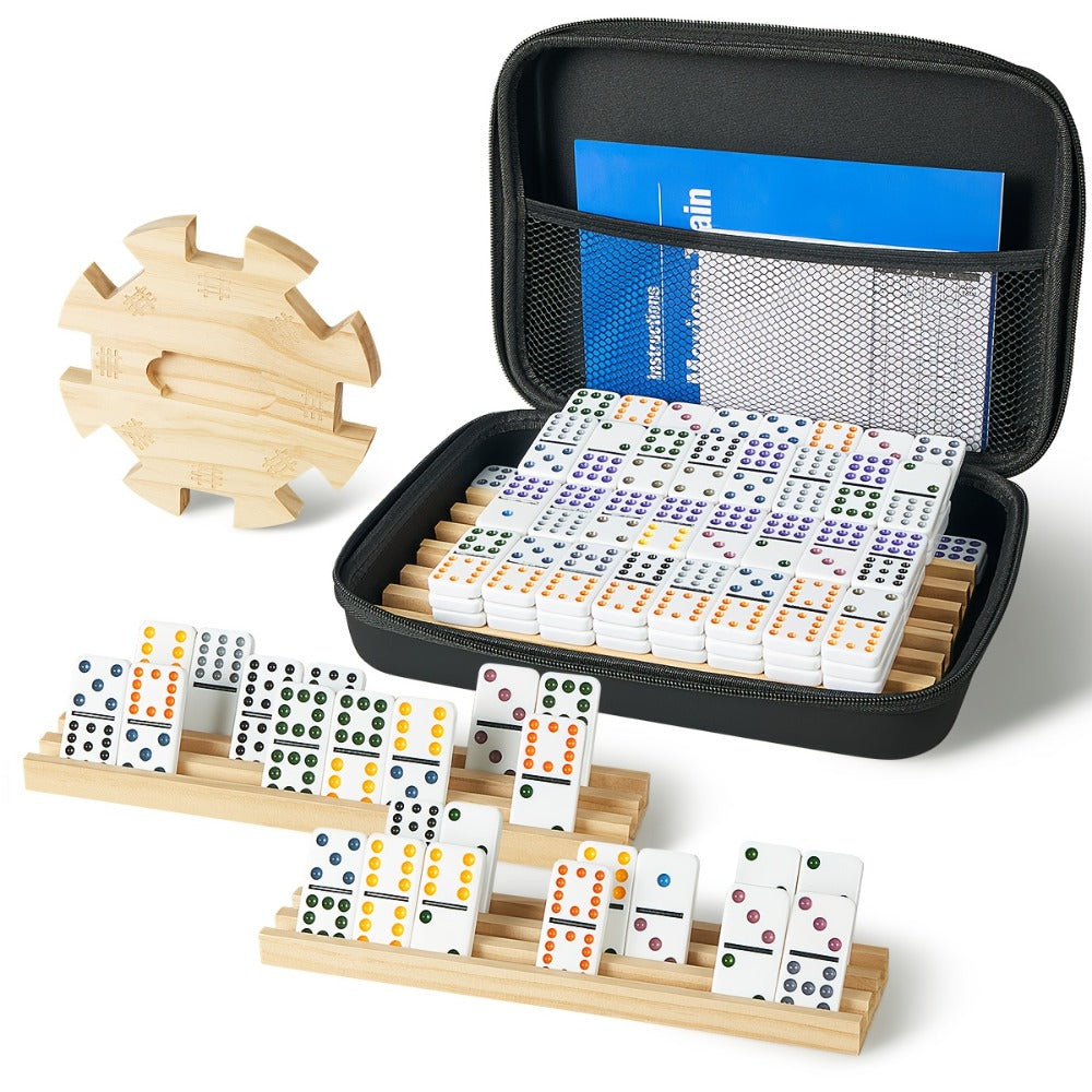 Mexican Train Dominoes Double 12 Set – 91 Colorful Tiles, 9 Metal Trains & 4 Wooden Racks, Complete Strategy Board Game with EVA Travel Case