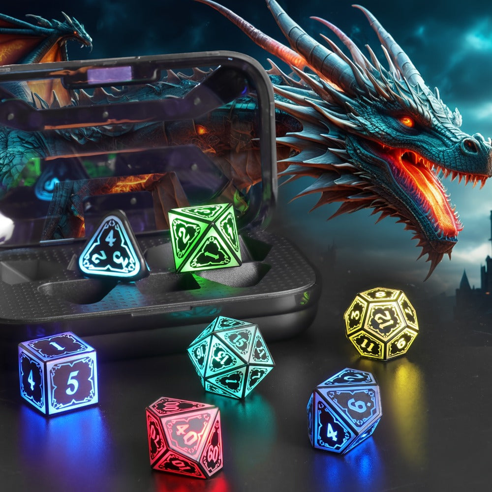 RGB LED DND Dice Set Rechargeable 7pcs, Illuminated Polyhedral Dice with Type-C Charging Case for D&D RPG Tabletop Games