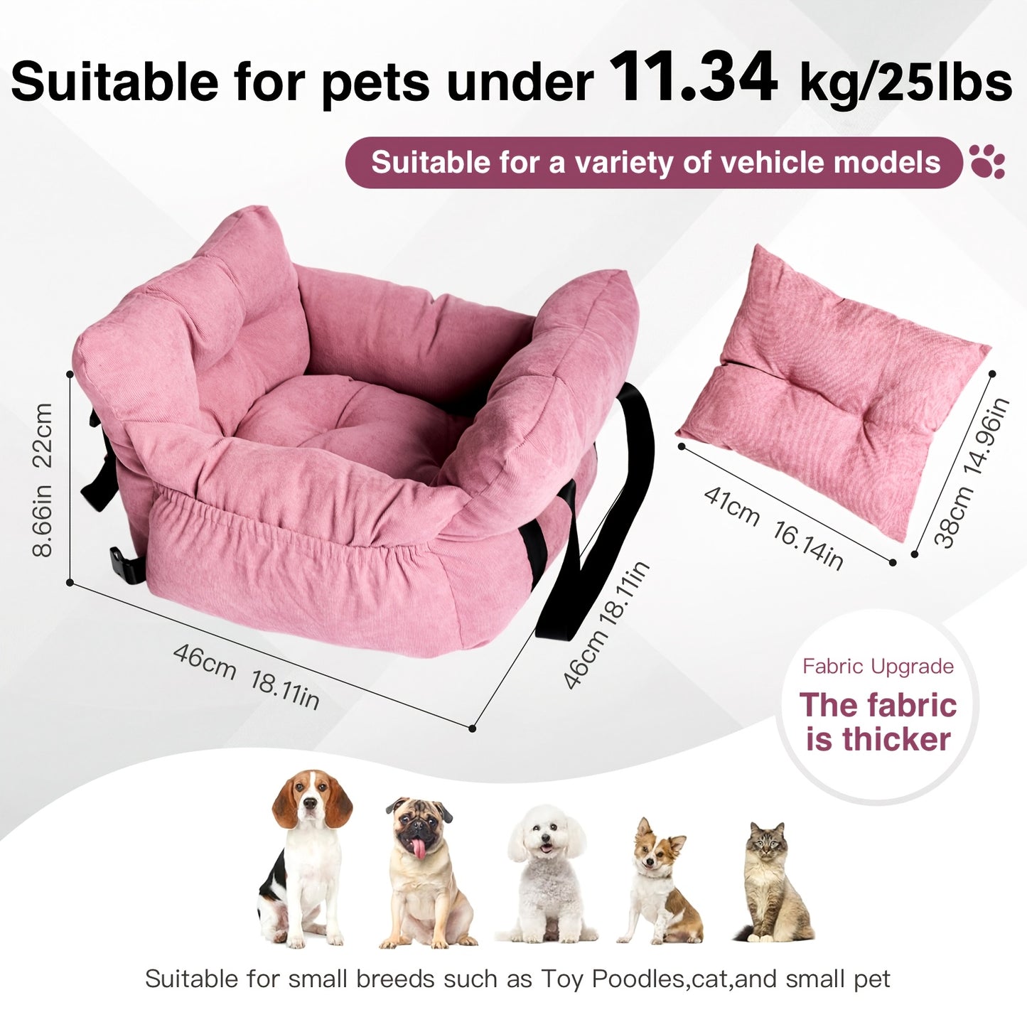 Dog Car Seat Carrier Booster with Safety Harness – Pet Travel Seat for Dogs & Cats, Handheld & Shoulder Strap, Fits Front & Back Seat