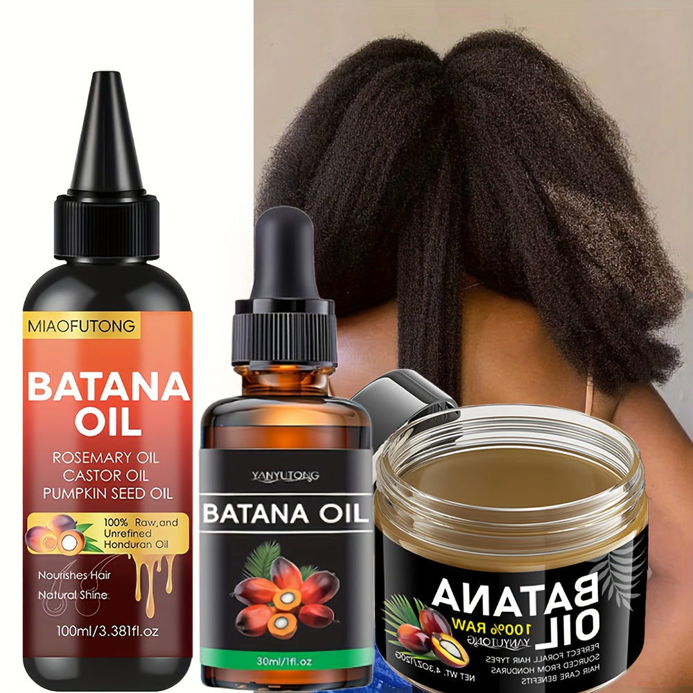 Three-Piece Batana Hair Care Kit with 3.38 oz Pointed Oil Bottle, Dropper and Cream Formats