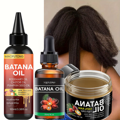 Three-Piece Batana Hair Care Kit with 3.38 oz Pointed Oil Bottle, Dropper and Cream Formats