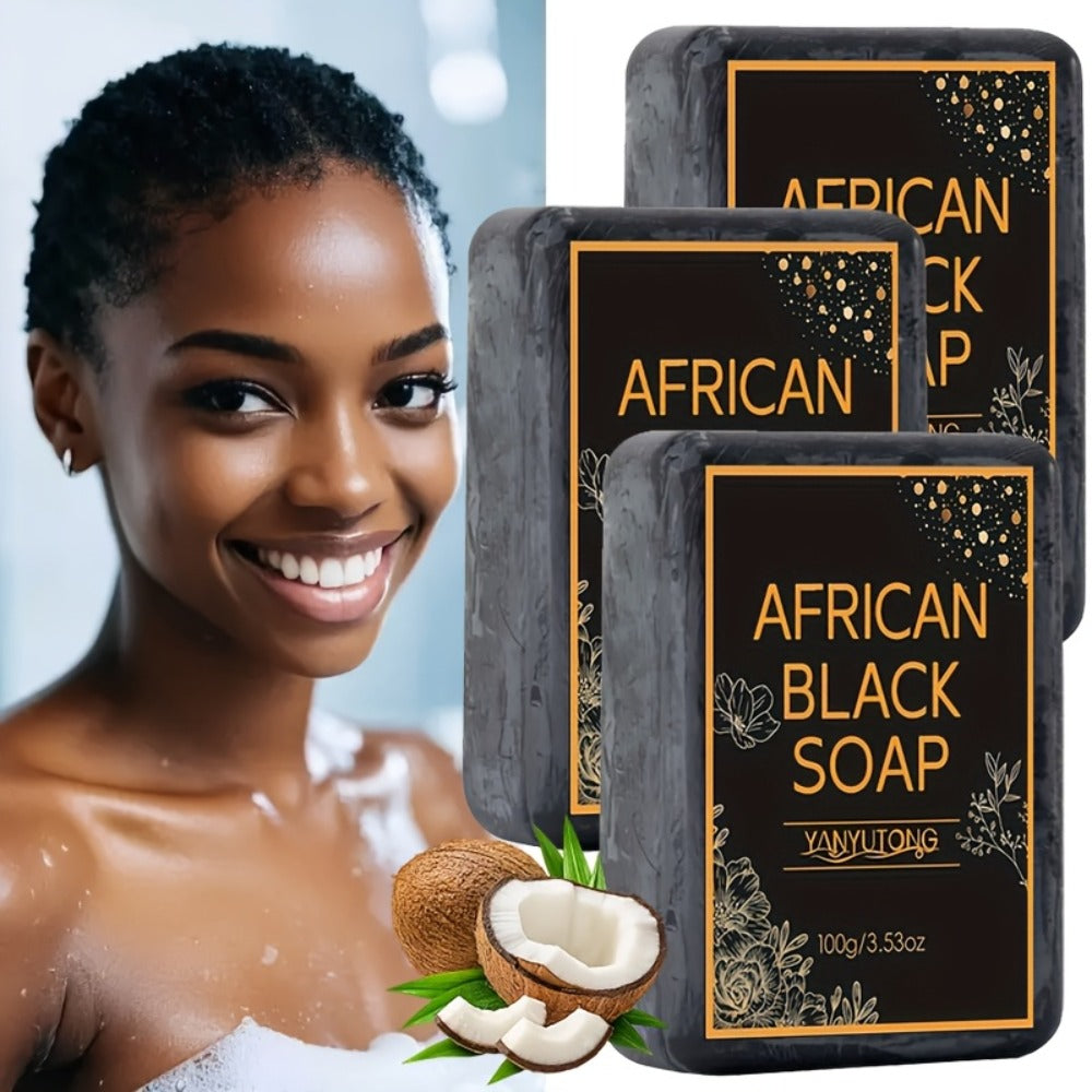 African Black Soap Bar 3-Pack 100g Each with Shea Butter & Coconut Oil – Deep Cleansing Moisturizing Face & Body Wash