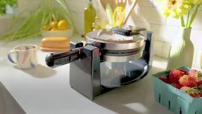 Rotating Waffle Maker with Round Plates, Browning Dial and Silvery, Double-Iron or Black-and-White Options