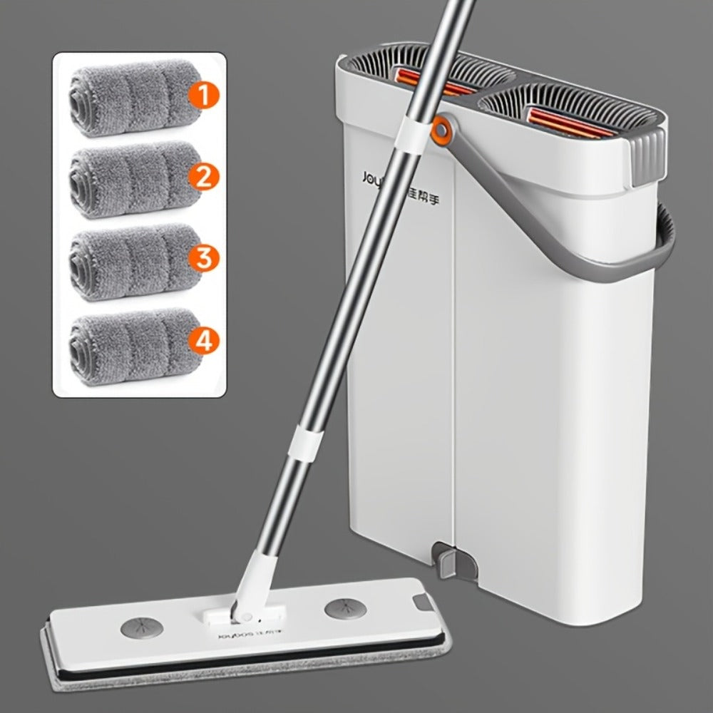 Flat Mop and Bucket Set with Metal Rod 360 Degree Swivel Head Reusable Microfiber Pads for Entryways, Bedrooms and Living Spaces