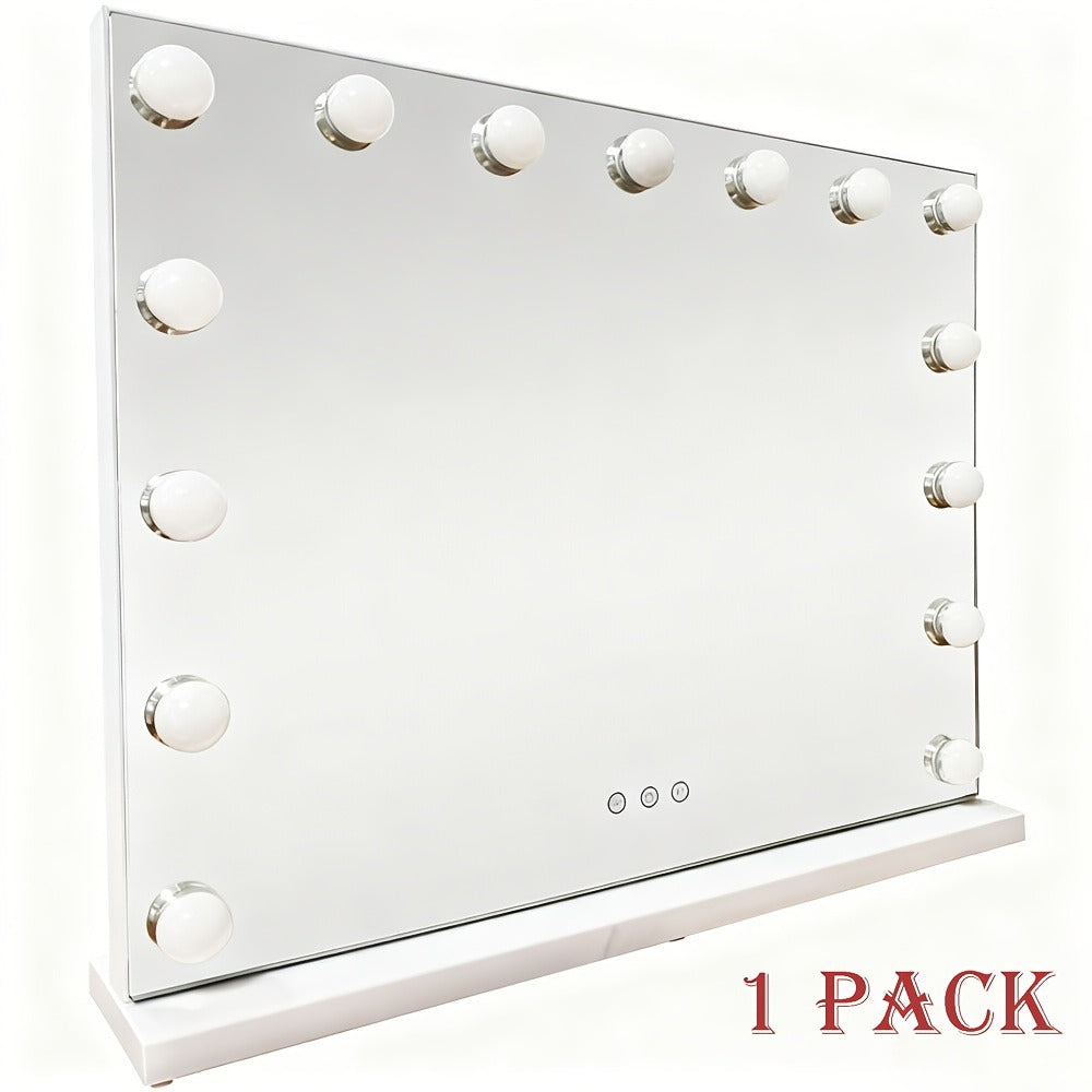 Hollywood Vanity Mirror with 15 LED Bulbs, 23 x 19 Inch Frame, Three Brightness Levels and White Base