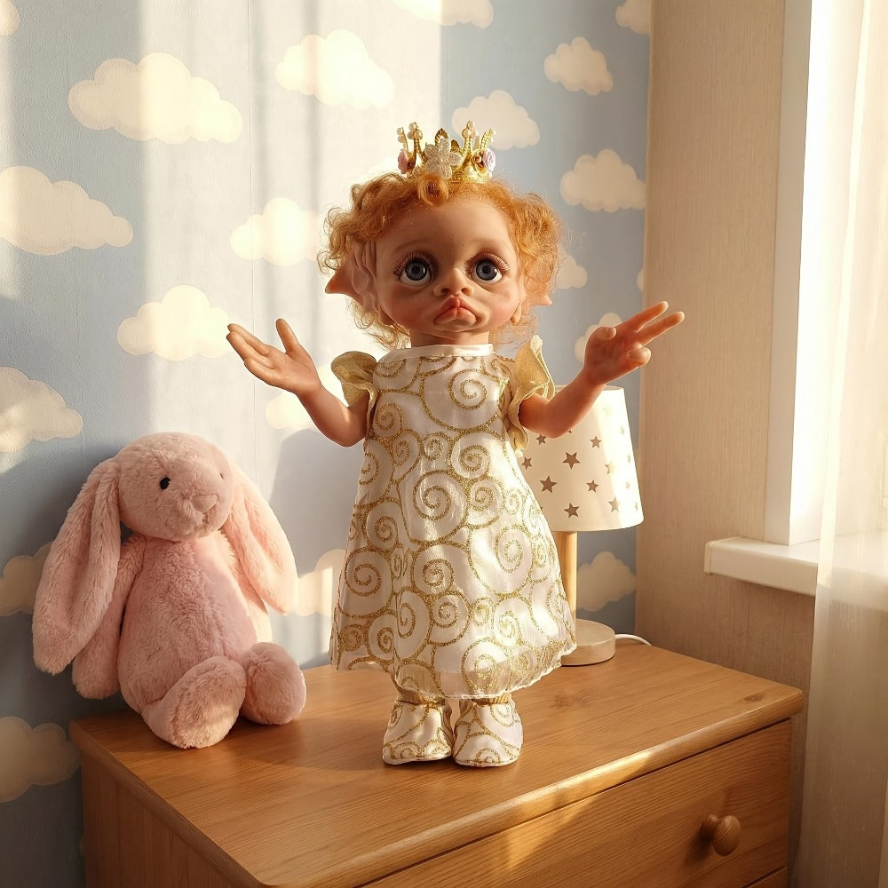 Fairy Elf Reborn Doll 15 Inch Vinyl Full Body Hand-Painted Collectible Art Doll with Wavy Hair & Crown