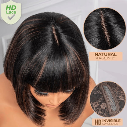 Straight Bob Wig with Bangs Human Hair 3x1 Lace Part Pre-Plucked Glueless Brazilian Short Bob 150 Density 1B/30 Highlight Natural Black