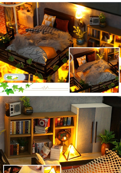 DIY Dollhouse Kit 2 Story with Dust Cover, Handmade Miniature House Model with Furniture Parts, No Glue No Batteries