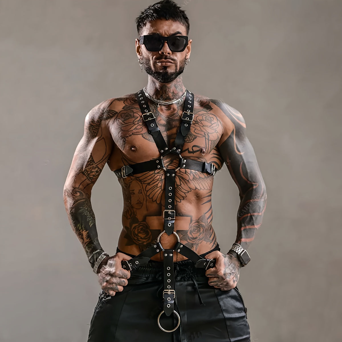 Body Harness - Gothic Men PU Leather Rivet Suspenders Punk Adjustable Non-Stretch - product detail view 7