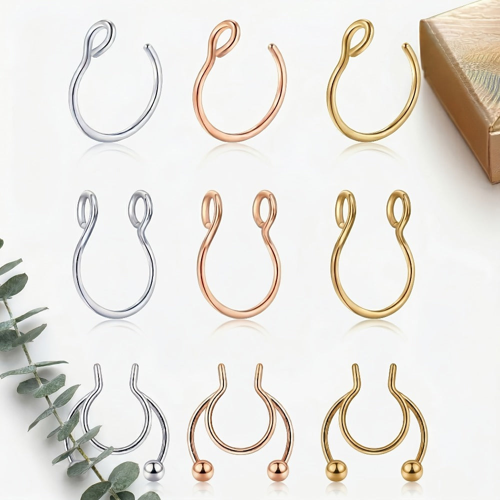 Body Jewelry - Fake Nose Rings Set Clip On Non-Piercing Faux Septum Hoop Sparkling for - product detail view 3