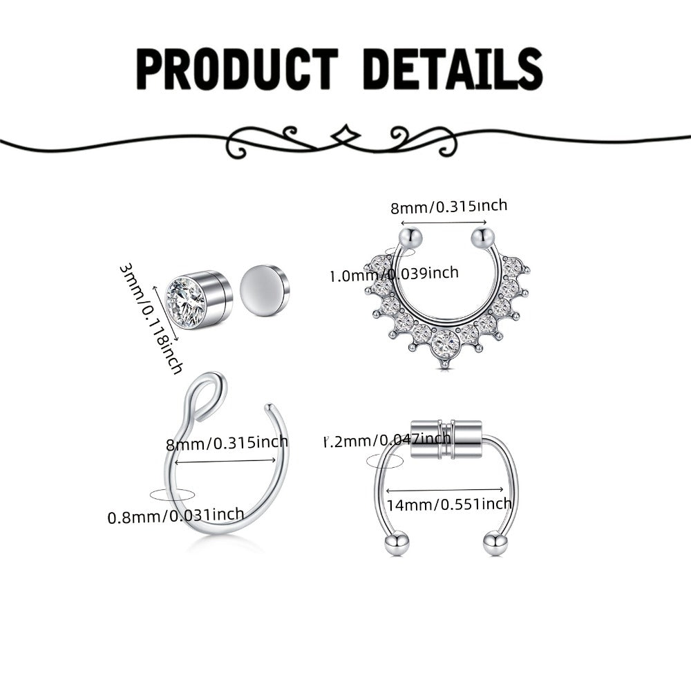 Body Jewelry - Fake Nose Rings Set Clip On Non-Piercing Faux Septum Hoop Sparkling for - product detail view 6