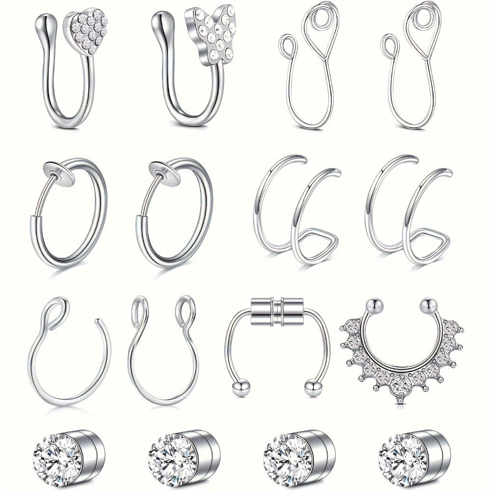 Body Jewelry - Fake Nose Rings Set Clip On Non-Piercing Faux Septum Hoop Sparkling for - product detail view 8