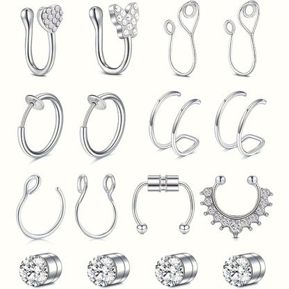 Body Jewelry - Fake Nose Rings Set Clip On Non-Piercing Faux Septum Hoop Sparkling for - product detail view 8