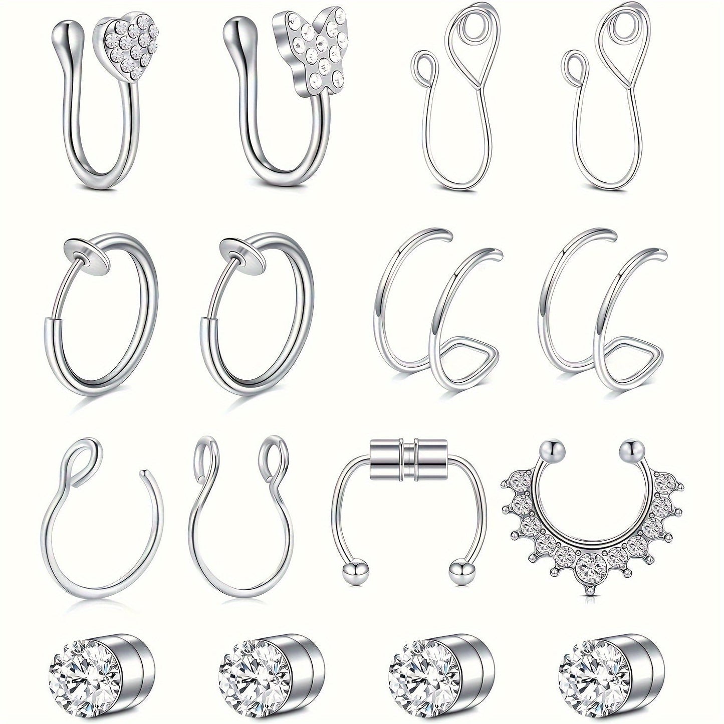 Body Jewelry - Fake Nose Rings Set Clip On Non-Piercing Faux Septum Hoop Sparkling for - product detail view 16
