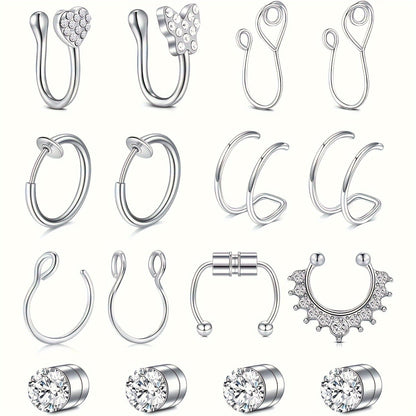 Body Jewelry - Fake Nose Rings Set Clip On Non-Piercing Faux Septum Hoop Sparkling for - product detail view 16