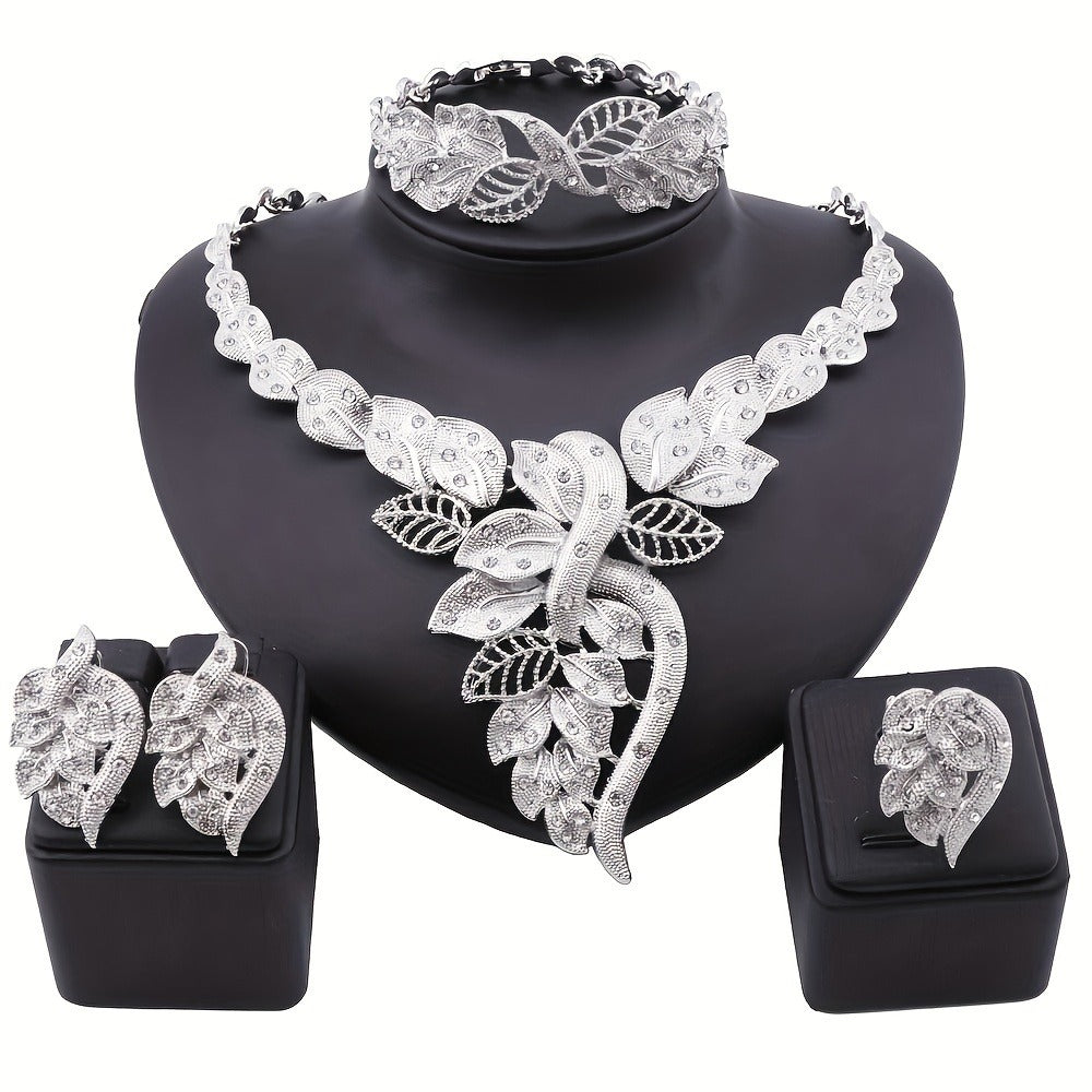 Bridal Jewelry Set - Rhinestone 4 Pieces Necklace Earrings Bracelet Ring for Women Elegant - main product view
