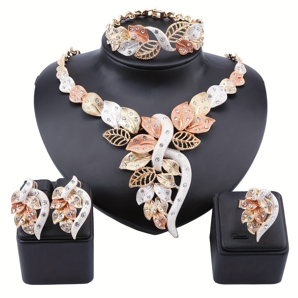 Bridal Jewelry Set - Rhinestone 4 Pieces Necklace Earrings Bracelet Ring for Women Elegant - product detail view 4