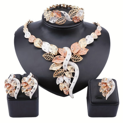 Bridal Jewelry Set - Rhinestone 4 Pieces Necklace Earrings Bracelet Ring for Women Elegant - product detail view 4