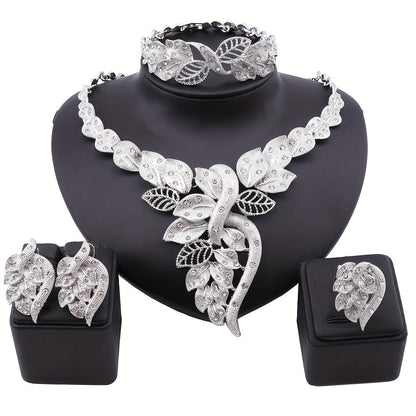 Bridal Jewelry Set - Rhinestone 4 Pieces Necklace Earrings Bracelet Ring for Women Elegant - product detail view 11