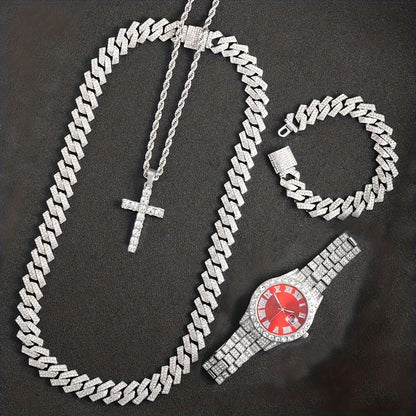 Bridal Jewelry Set - Rhinestone Watch & Cross Pendant 4-Piece for Men & Women 5A Crystal Quartz - product detail view 2
