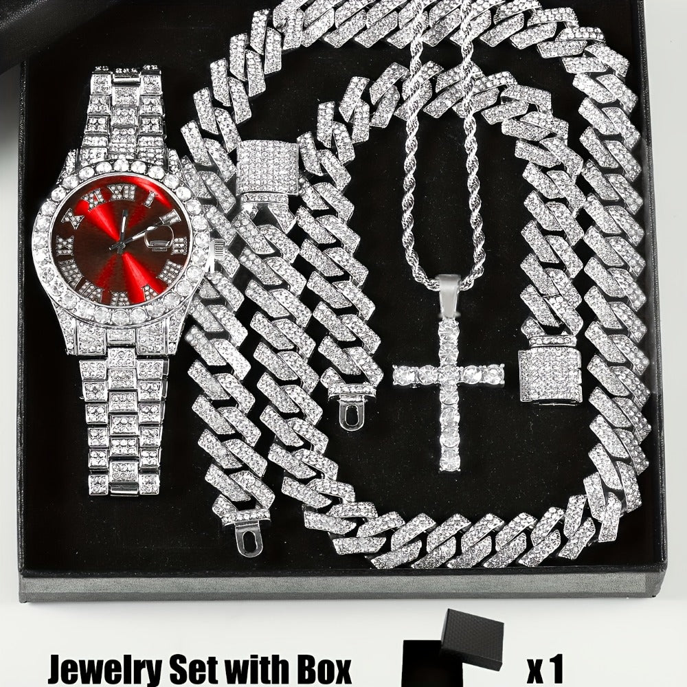 Bridal Jewelry Set - Rhinestone Watch & Cross Pendant 4-Piece for Men & Women 5A Crystal Quartz - product detail view 3