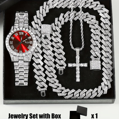 Bridal Jewelry Set - Rhinestone Watch & Cross Pendant 4-Piece for Men & Women 5A Crystal Quartz - product detail view 3