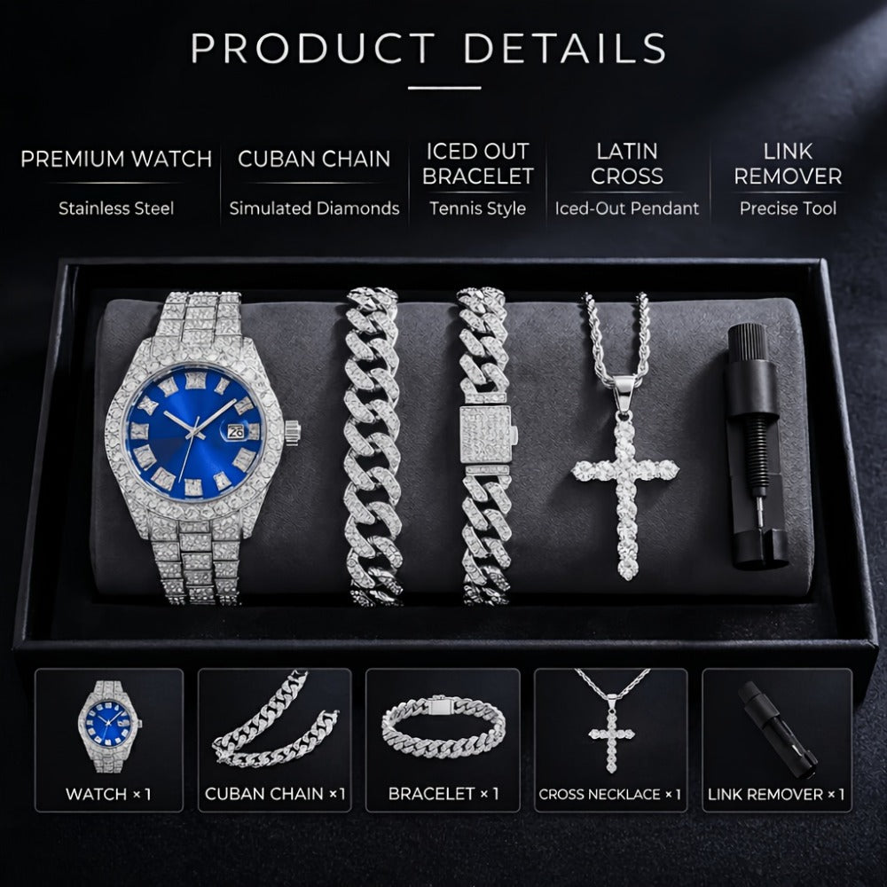 Bridal Jewelry Set - Rhinestone Watch & Cross Pendant 4-Piece for Men & Women 5A Crystal Quartz - product detail view 4