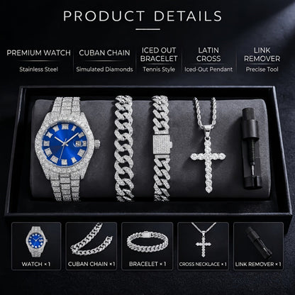 Bridal Jewelry Set - Rhinestone Watch & Cross Pendant 4-Piece for Men & Women 5A Crystal Quartz - product detail view 4