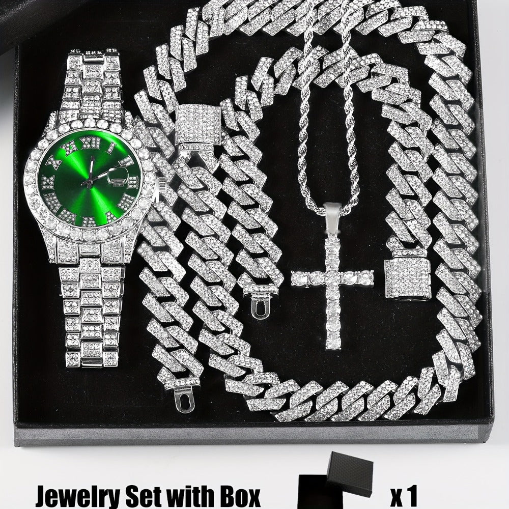Bridal Jewelry Set - Rhinestone Watch & Cross Pendant 4-Piece for Men & Women 5A Crystal Quartz - product detail view 6