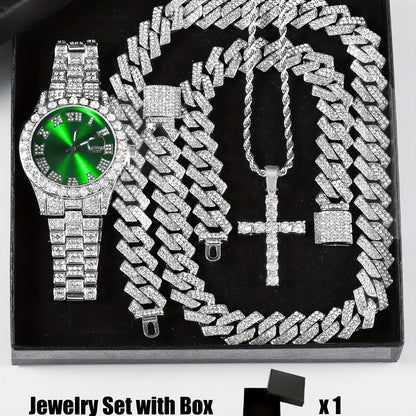 Bridal Jewelry Set - Rhinestone Watch & Cross Pendant 4-Piece for Men & Women 5A Crystal Quartz - product detail view 6