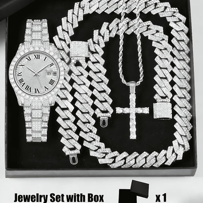 Bridal Jewelry Set - Rhinestone Watch & Cross Pendant 4-Piece for Men & Women 5A Crystal Quartz - product detail view 7