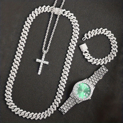 Bridal Jewelry Set - Rhinestone Watch & Cross Pendant 4-Piece for Men & Women 5A Crystal Quartz - product detail view 10
