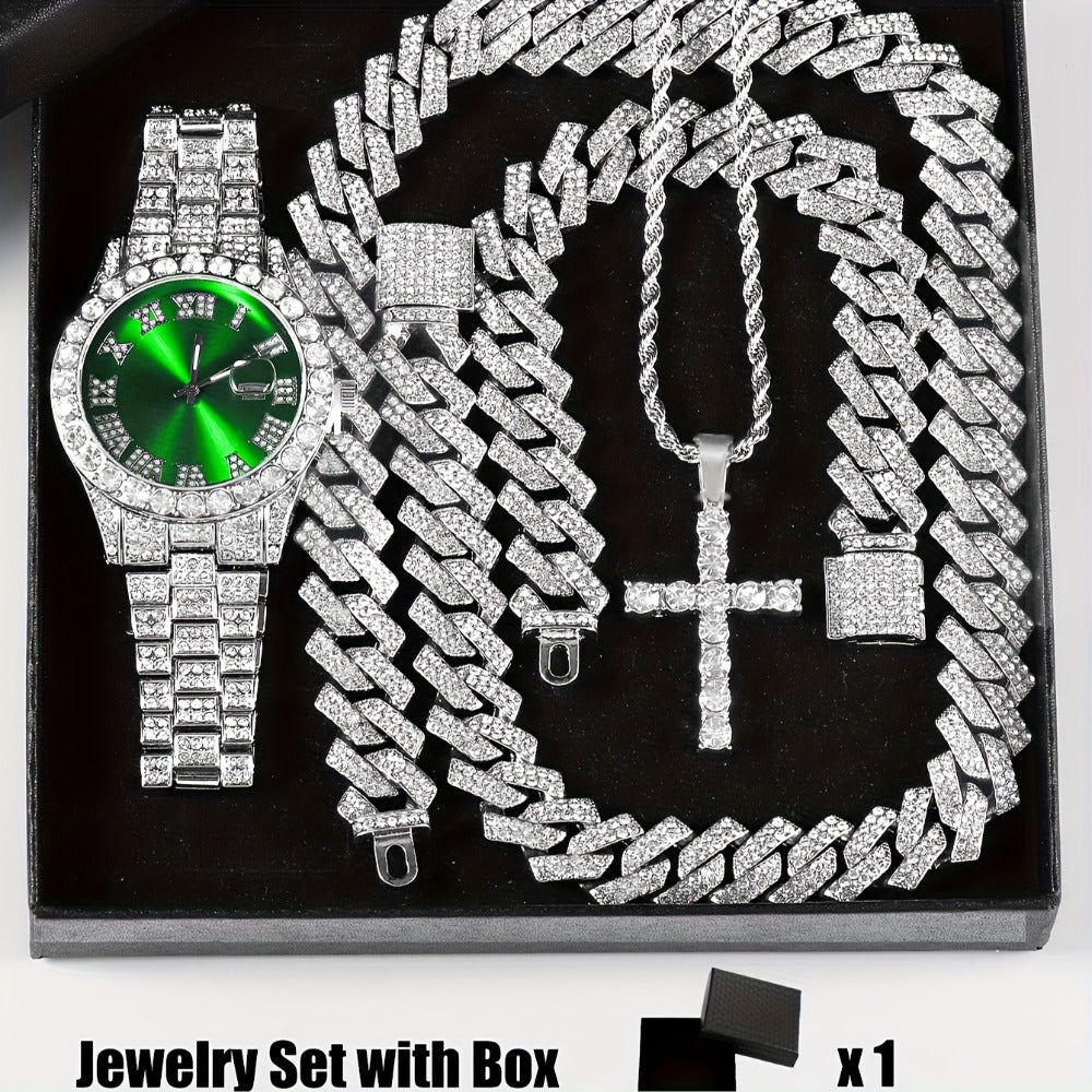 Bridal Jewelry Set - Rhinestone Watch & Cross Pendant 4-Piece for Men & Women 5A Crystal Quartz - product detail view 11