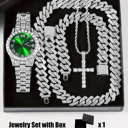 Bridal Jewelry Set - Rhinestone Watch & Cross Pendant 4-Piece for Men & Women 5A Crystal Quartz - product detail view 11